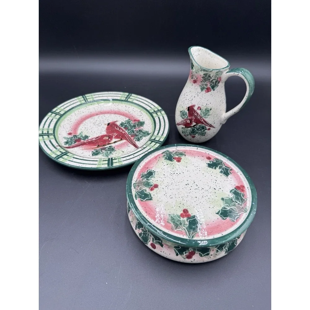 Vtg Christmas Cardinals Julie Ueland Cardinal Plate Cake Riser Plate Pitcher